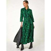 Roman Floral Leaf Print Midi Shirt Dress - Green