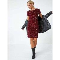 Roman Velvet Sequin Embellished Shift Dress - Wine