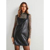 Mango Leather-Effect Pinafore Dress - Black