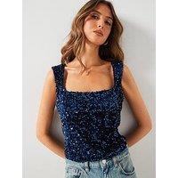 Mango Square Neck Sequin Top - Navy