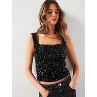 Mango Square Neck Sequin Top - Black