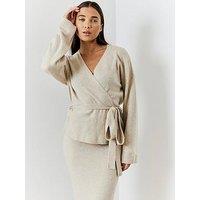 In The Style Hannah Brown Wrap Knit Co-Ord Cardigan - Oatmeal