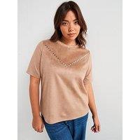 V By Very Curve Studded Detail Suedette Top - Beige