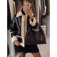 In The Style Perrie Sian Faux Shearling Aviator Jacket - Black