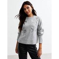 New Look Sequin Bow Knitted Jumper - Light Grey