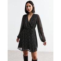 New Look Black Floral Chiffon Mini Wrap Dress - Print