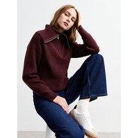 New Look Ribbed Knit Half Zip Jumper - Burgundy