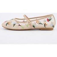 V By Very Mesh Ballet Flat With Floral Embroidery - Cream