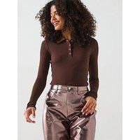 Pieces Kitte Long Sleeve Polo Top - Brown