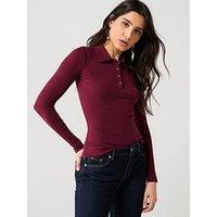 Pieces Kitte Long Sleeve Polo Top - Red