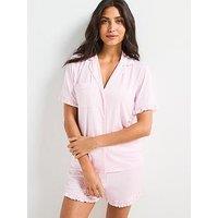 V By Very Frill Sleeve Stripe Revere Short Set - Pink