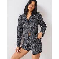 V By Very Woven Shell Print Revere Long Sleeve Short Pyjama Set - Black