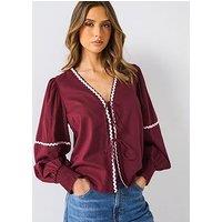 Pieces Nervia Long Sleeve Tie Top - Burgundy