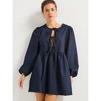 Pieces Asta Long Sleeve Front Tie Denim Dress - Blue