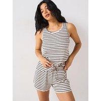 V By Very Ribbed Stripe Vest And Shirt Pj Set - Black