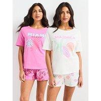 Everyday 2 Pack Miami & Majorca Print Short Sleeve T-Shirt And Short Pyjama Set - Pink