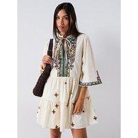 V By Very Mirror Embellished Mini Dress - Cream