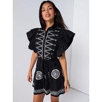 V By Very Sun Embroidered Mini Belted Dress - Black