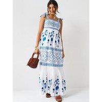 V By Very Contrast Embroidered Midaxi Dress - Blue