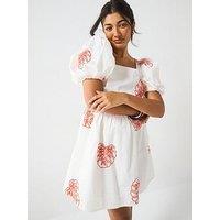 V By Very Palm Leaf Embroidered Puff Sleeve Mini Dress - White