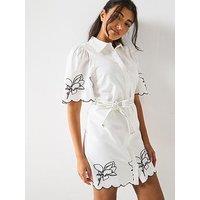 V By Very Embroidered Tie Waist Mini Dress - White