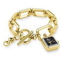 Rosefield Octagon Charm Chain Watch With Black Dial In A Gold Ip Case And Stainless Steel Bracelet