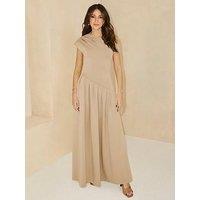 Michelle Keegan Off-The-Shoulder Curved Waist Midaxi Dress - Beige