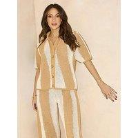 Michelle Keegan Knitted Striped Shirt Co Ord - Beige
