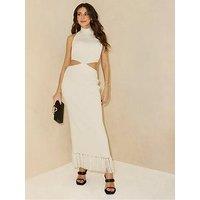 Michelle Keegan Knitted Cut Out Tassel Hem Dress - Cream