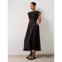 V By Very Contrast Stitch Shirred Detail Midi Dress - Black