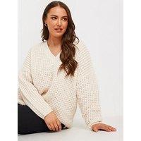 Yours Curve Waffle V Neck Jumper - Ivory