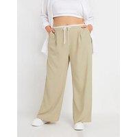 Yours Curve Drawstring Contrast Waist Wide Leg Trousers - Natural