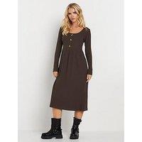 Pixiegirl Petite Long Sleeve Rib Button Midi Dress - Brown