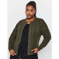 Yours Curve Cropped Cable Knit Cardigan - Green