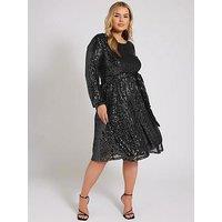 Yours Curve Long Sleeve Sequin Skater Dress - Silver