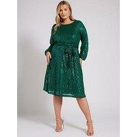 Yours Curve Long Sleeve Sequin Skater Dress - Green