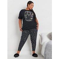 Yours Curve Manifest Short Sleeve Cuff Pj Set - Blue