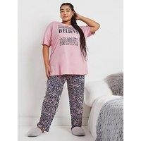 Yours Curve Believe Short Sleeve Wide Leg Pj Set - Pink
