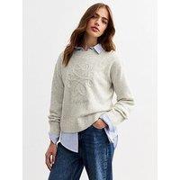 New Look Pale Heart Embroidered Milan Slogan Jumper - Grey