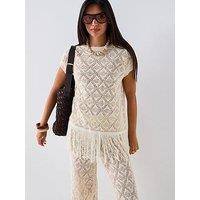 V By Very Cotton Rich Knitted Pointelle Fringe Top Coord - Beige