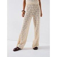 V By Very Cotton Rich Knitted Pointelle Wide Leg Trouser Coord - Beige