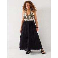 V By Very Curve Halter Neck Embroidered Maxi Dress - Multi