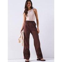 V By Very Poplin Lace Cutwork Trousers - Chocolate