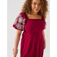 V By Very Curve Embroidered Sleeve Midaxi Dress - Red