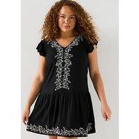 V By Very Curve Embroidered Dropped Waist Mini Dress - Black
