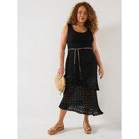 V By Very Curve Crochet Asymmetric Hem Ruffle Dress - Black