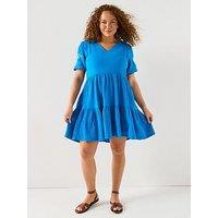 V By Very Curve Embroidered Sleeve Tiered Mini Dress - Blue