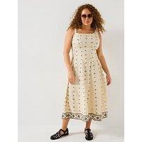 V By Very Curve Asymmetric Neck Linen Midi Dress - Print