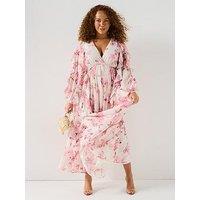 V By Very Curve Ruffle Trim Detail Maxi Dress - Print