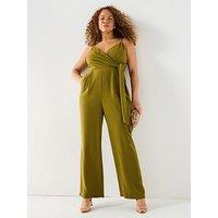 V By Very Curve Strappy Wrap Wide Leg Jumpsuit - Khaki